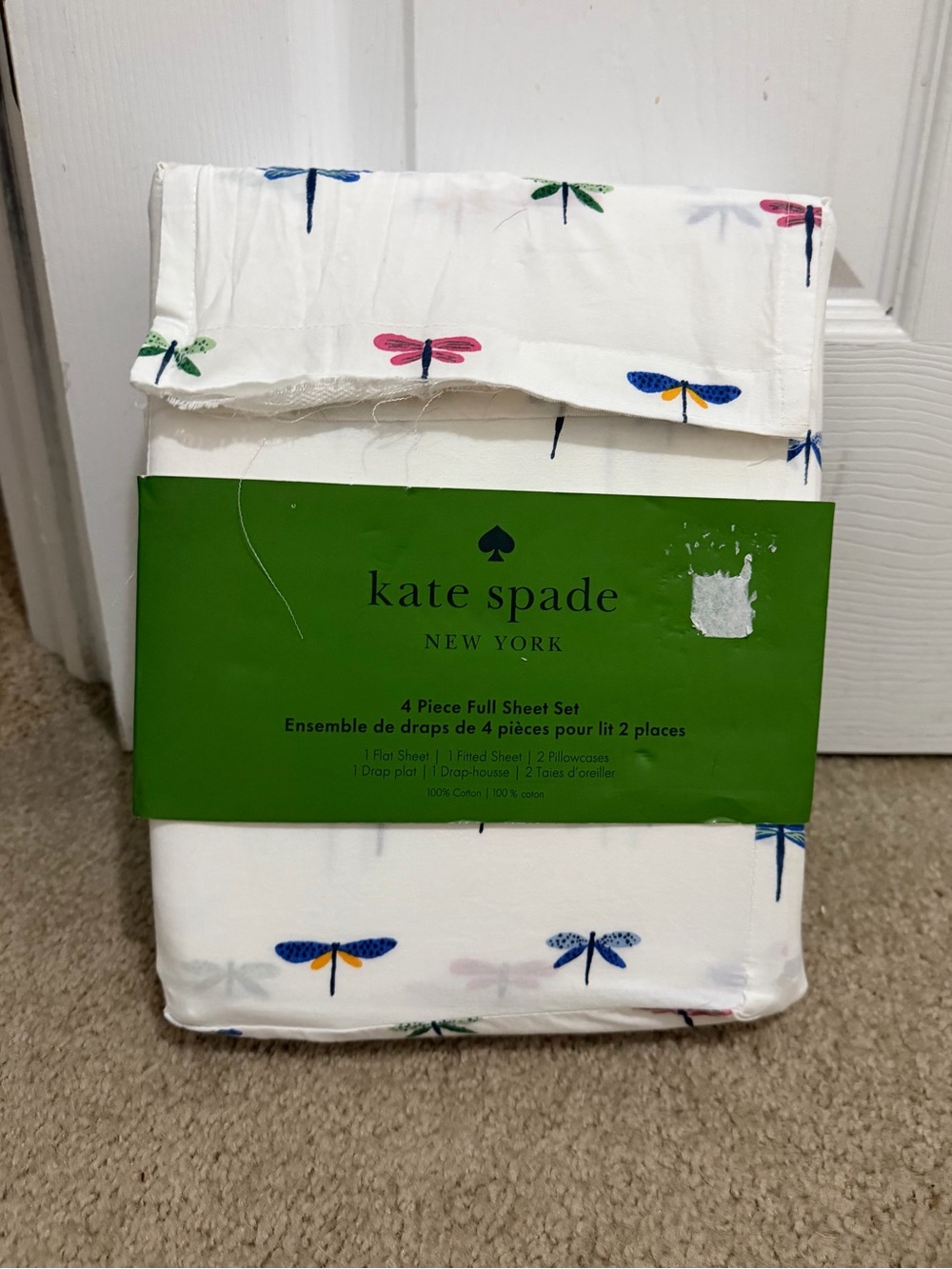 kate spade white sheet set with multicolor dragonfly print